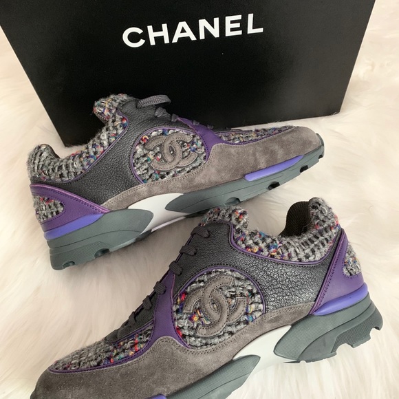CHANEL Shoes - CHANEL Purple Grey Tweed Leather Sneakers Shoes